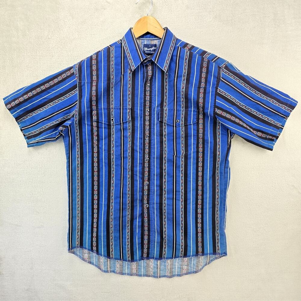 Vintage Wrangler Western Shirt Mens Large Short Sleeve Aztec Stripe Pearl Snap